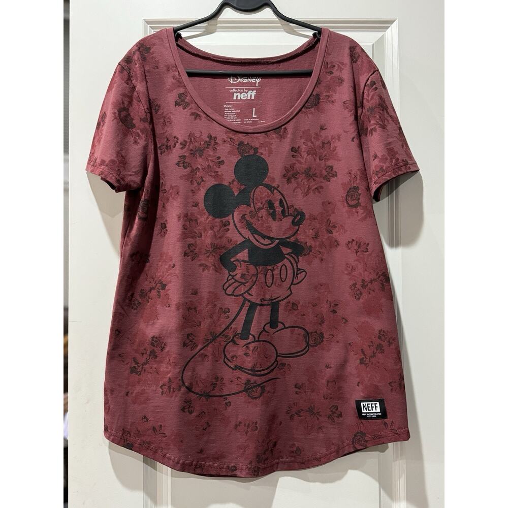 Neff Women's Disney Mickey Mouse Wallpaper T-Shirt Casual Tee Dark Red Large